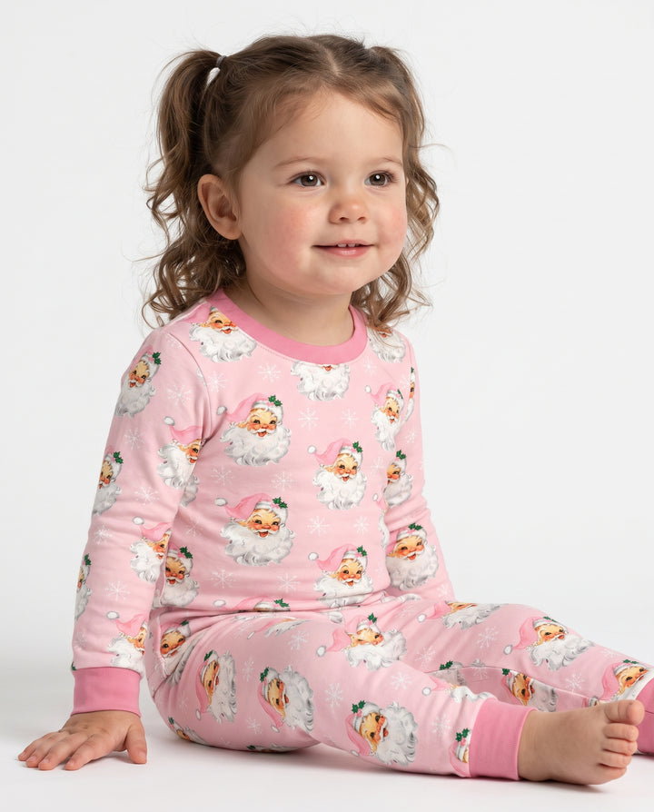 Vintage Pink Santa Face Toss Bamboo Two Piece Long Sleeve Pajama Set
