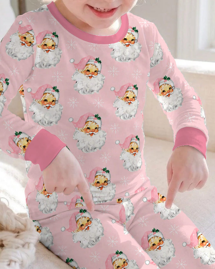Vintage Pink Santa Face Toss Bamboo Two Piece Long Sleeve Pajama Set