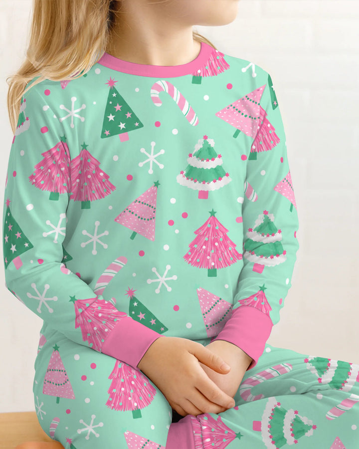 Pink & Mint Candy Christmas Trees Bamboo Two Piece Long Sleeve Pajama Set