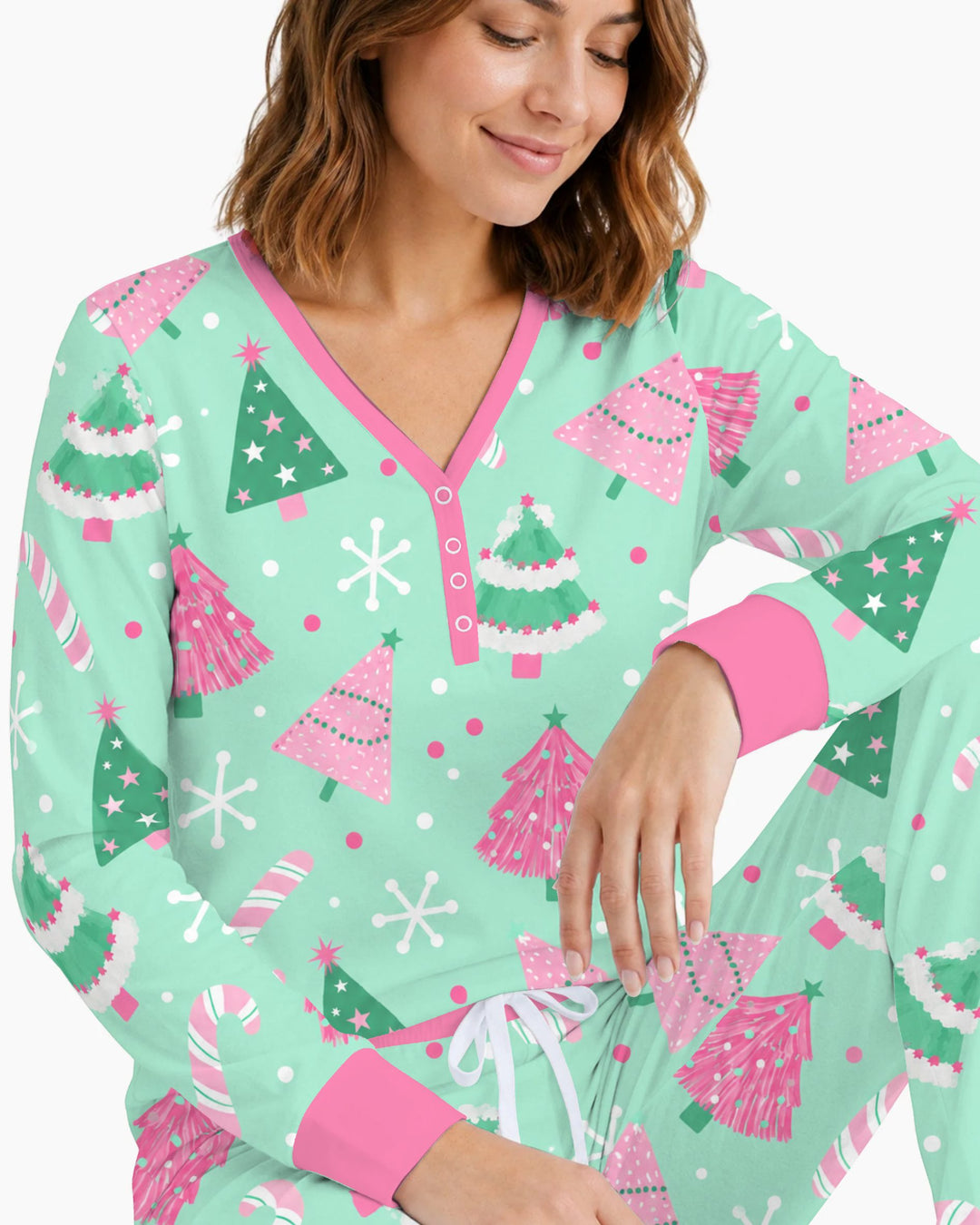 Pink & Mint Candy Christmas Trees Bamboo Women Pajama Set