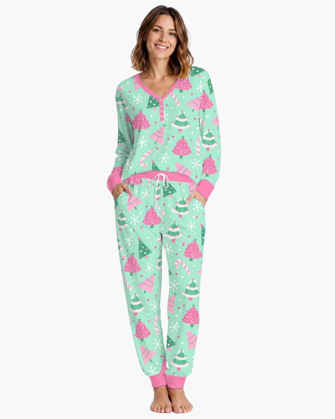 Pink & Mint Candy Christmas Trees Bamboo Women Pajama Set