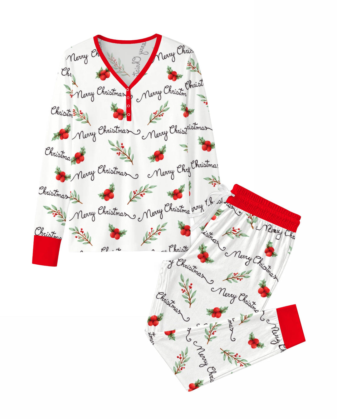 Watercolor Merry Christmas Holly Berries Bamboo Women Pajama Set