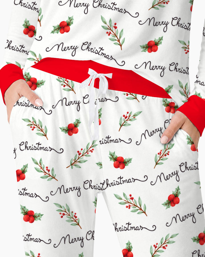 Watercolor Merry Christmas Holly Berries Bamboo Women Pajama Set