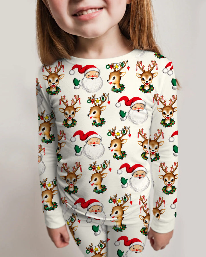 Vintage Santa & Reindeer Christmas Toss Bamboo Two Piece Long Sleeve Pajama Set