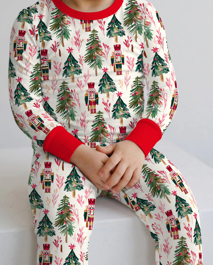 Watercolor Nutcracker & Christmas Pine Trees Bamboo Two Piece Long Sleeve Pajama Set