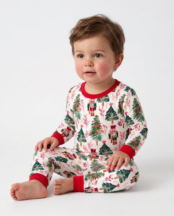 Watercolor Nutcracker & Christmas Pine Trees Bamboo Two Piece Long Sleeve Pajama Set