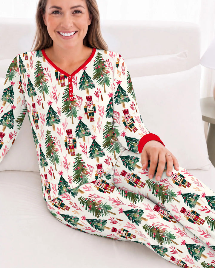 Watercolor Nutcracker & Christmas Pine Trees Bamboo Women Pajama Set