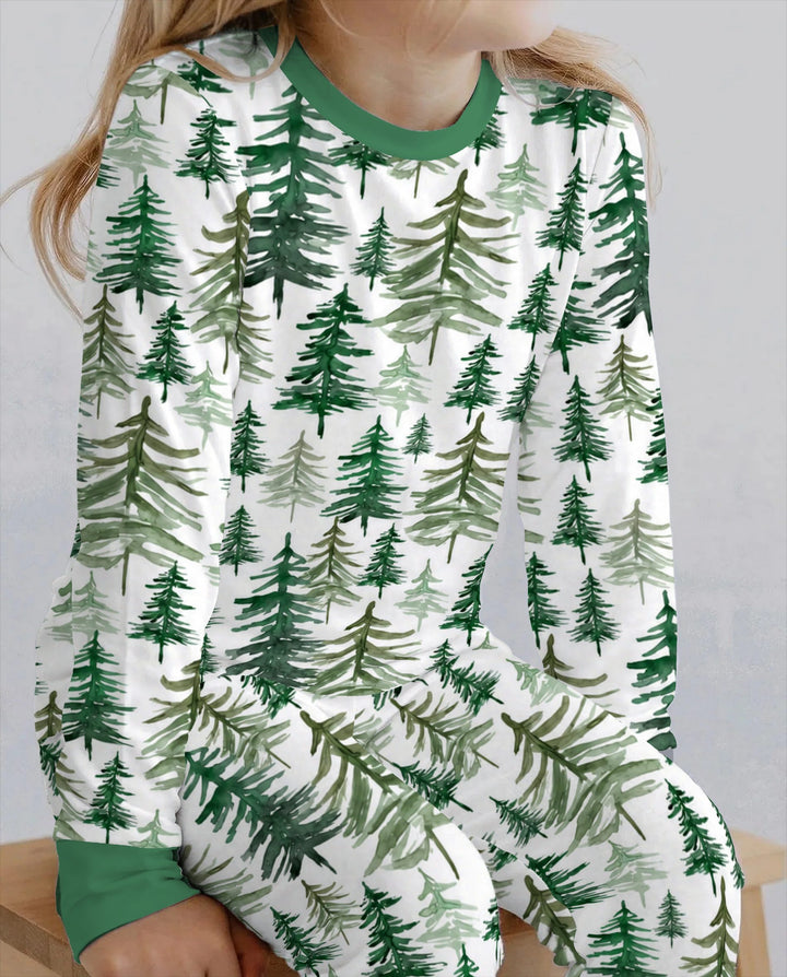 Watercolor Evergreen Pine Forest Bamboo Two Piece Long Sleeve Pajama Set