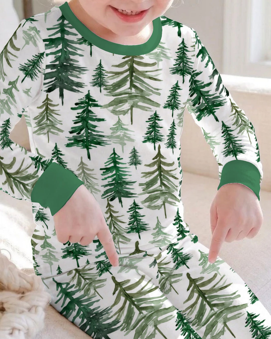 Watercolor Evergreen Pine Forest Bamboo Two Piece Long Sleeve Pajama Set