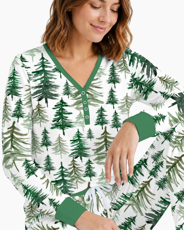 Watercolor Evergreen Pine Forest Bamboo Women Pajama Set
