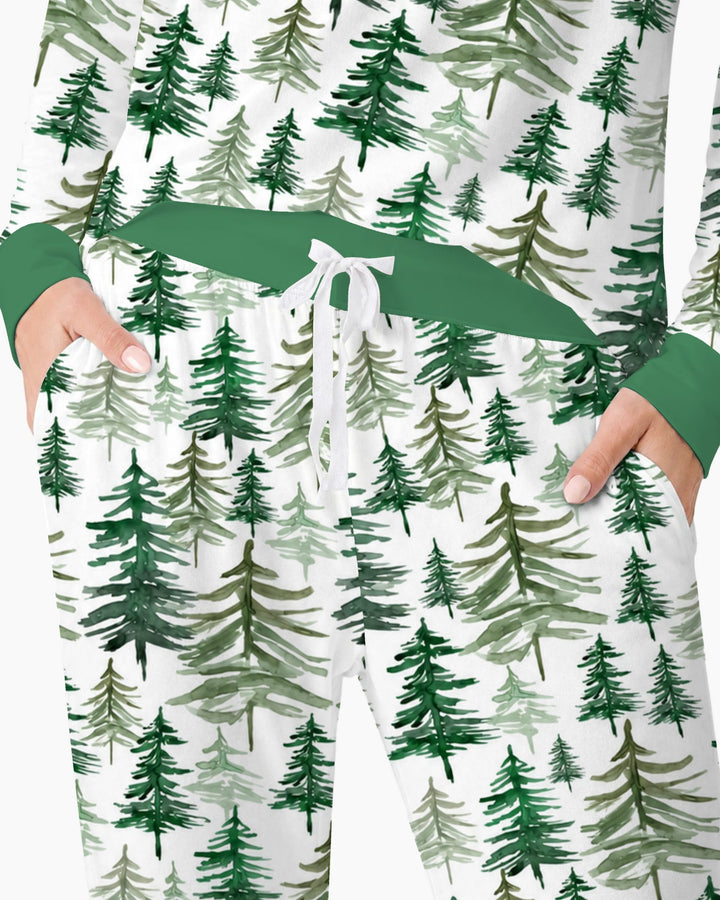 Watercolor Evergreen Pine Forest Bamboo Women Pajama Set