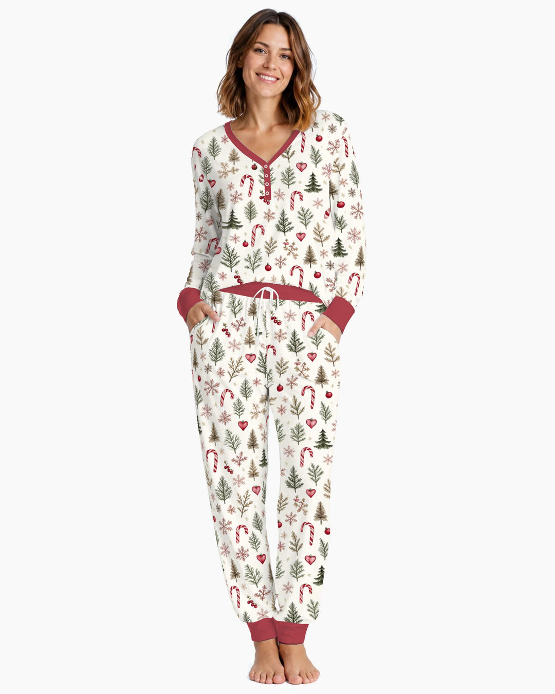 Rustic Christmas Evergreen & Candy Canes Bamboo Women Pajama Set