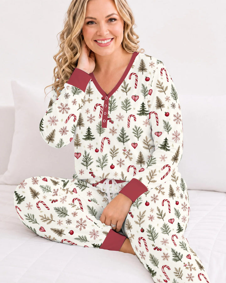 Rustic Christmas Evergreen & Candy Canes Bamboo Women Pajama Set