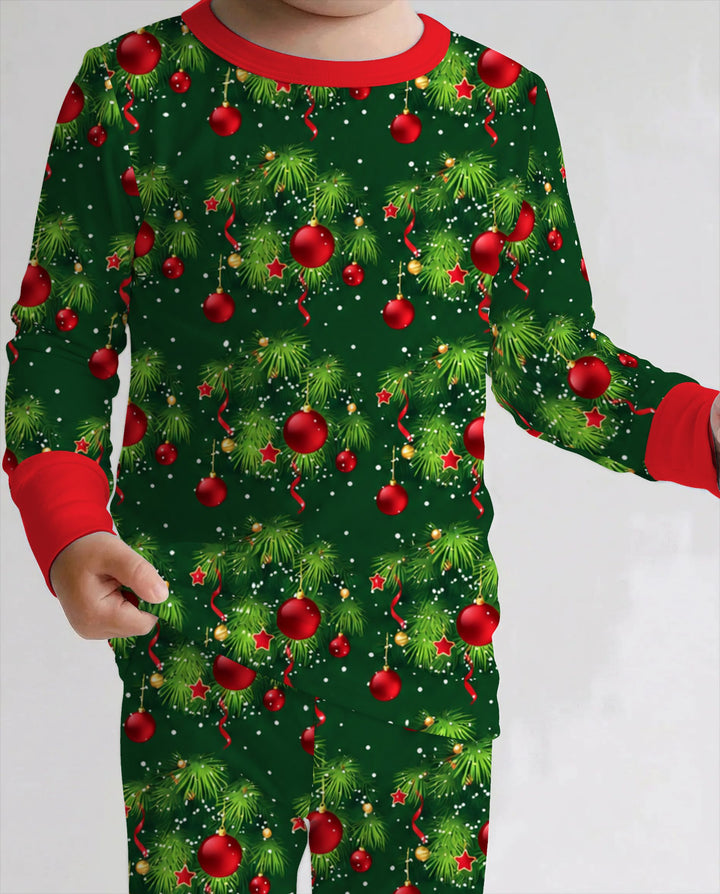 Classic Christmas Pine & Red Ornaments Bamboo Two Piece Long Sleeve Pajama Set