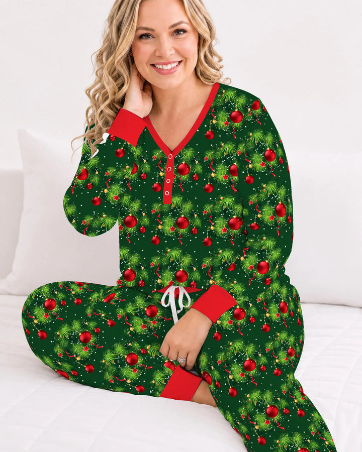 Classic Christmas Pine & Red Ornaments Bamboo Women Pajama Set