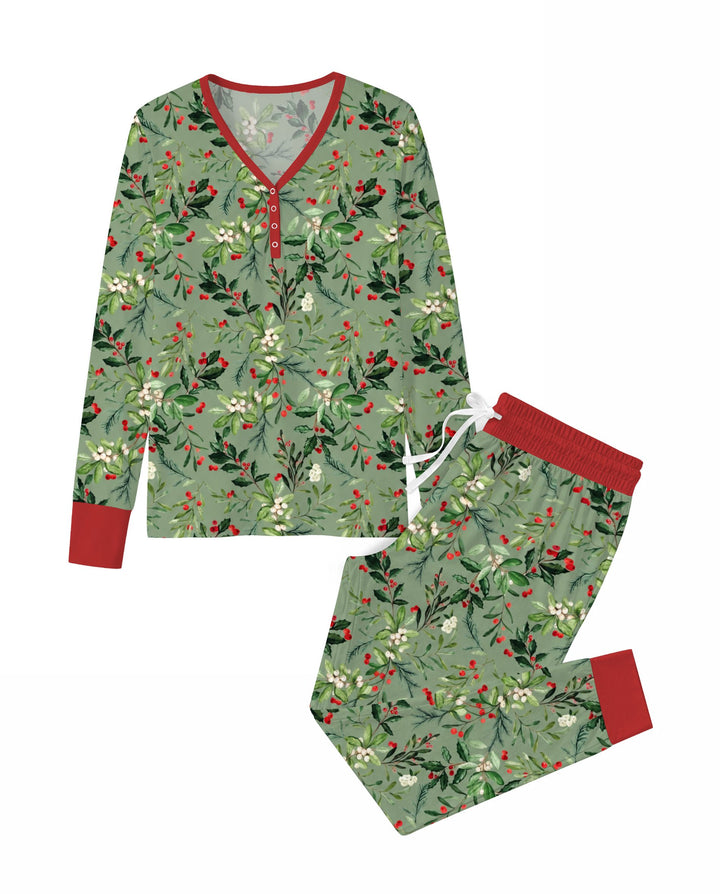 Vintage Christmas Holly & Mistletoe Botanical Bamboo Women Pajama Set