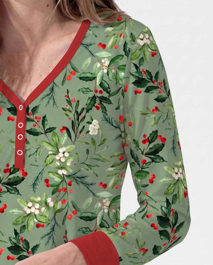 Vintage Christmas Holly & Mistletoe Botanical Bamboo Women Pajama Set