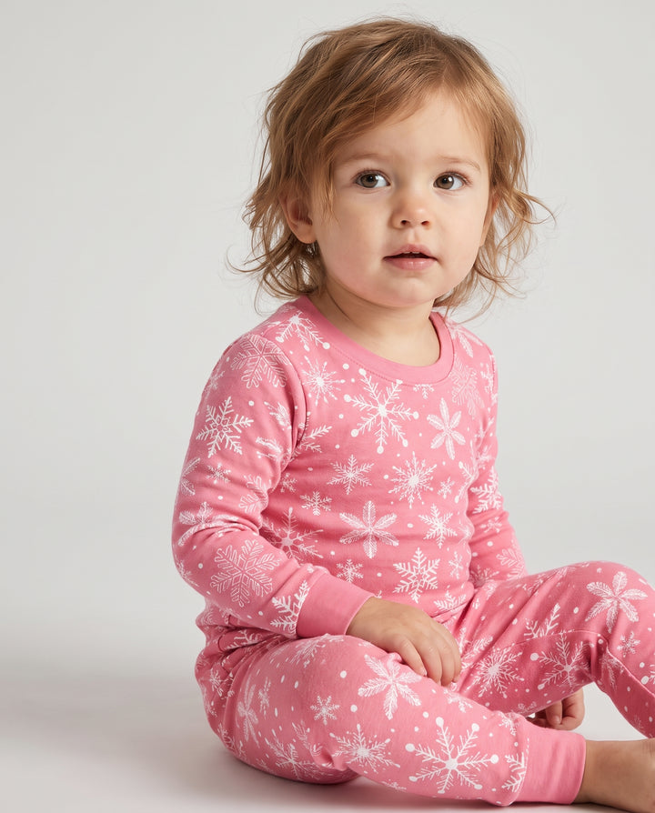 Pink and White Snowflake Toss Bamboo Two Piece Long Sleeve Pajama Set