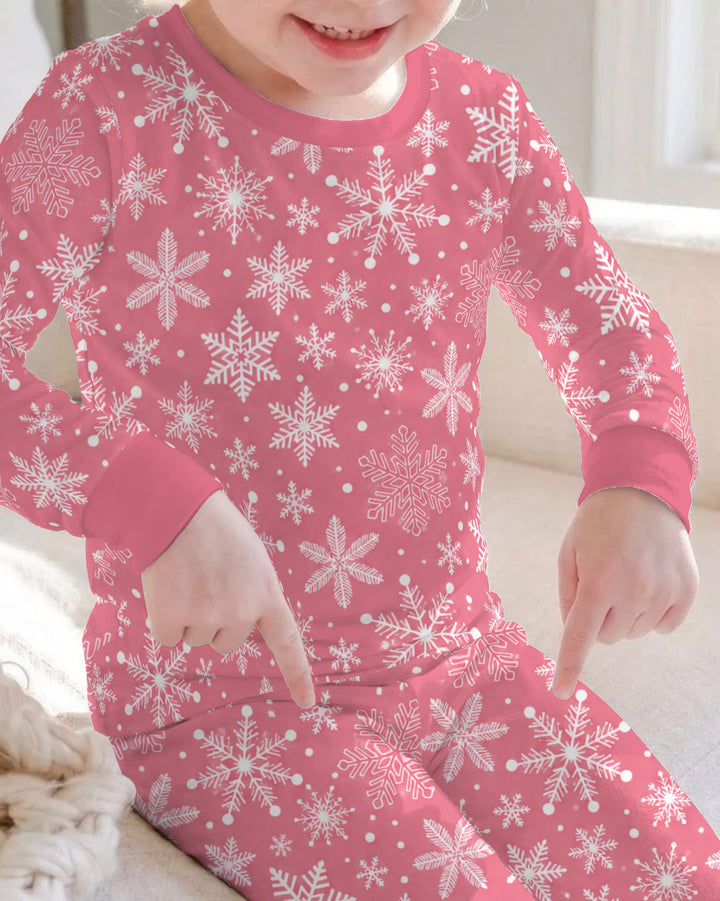 Pink and White Snowflake Toss Bamboo Two Piece Long Sleeve Pajama Set