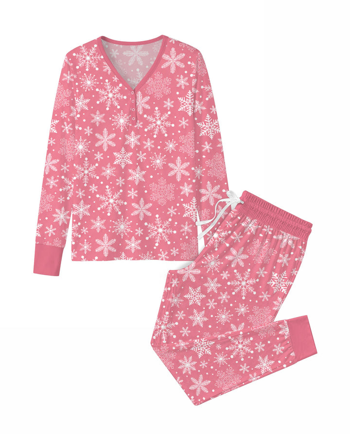Pink and White Snowflake Toss Bamboo Women Pajama Set