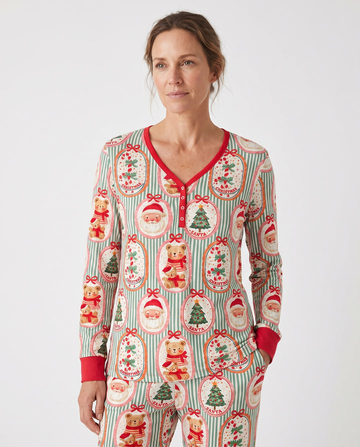 Vintage Santa Christmas Gift Tags Seamless Pattern Bamboo Women Pajama Set