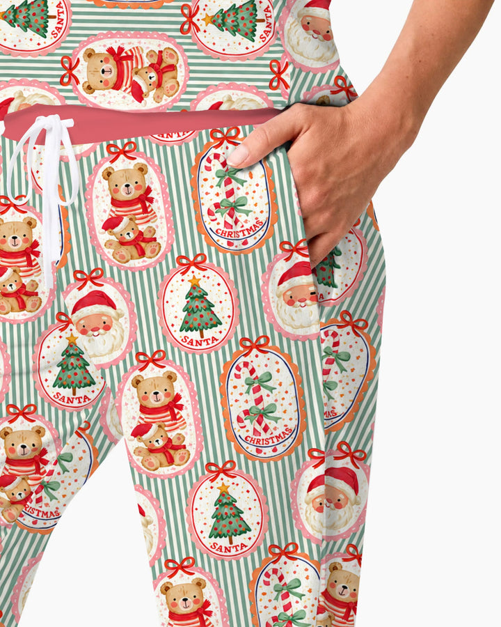 Vintage Santa Christmas Gift Tags Seamless Pattern Bamboo Women Pajama Set
