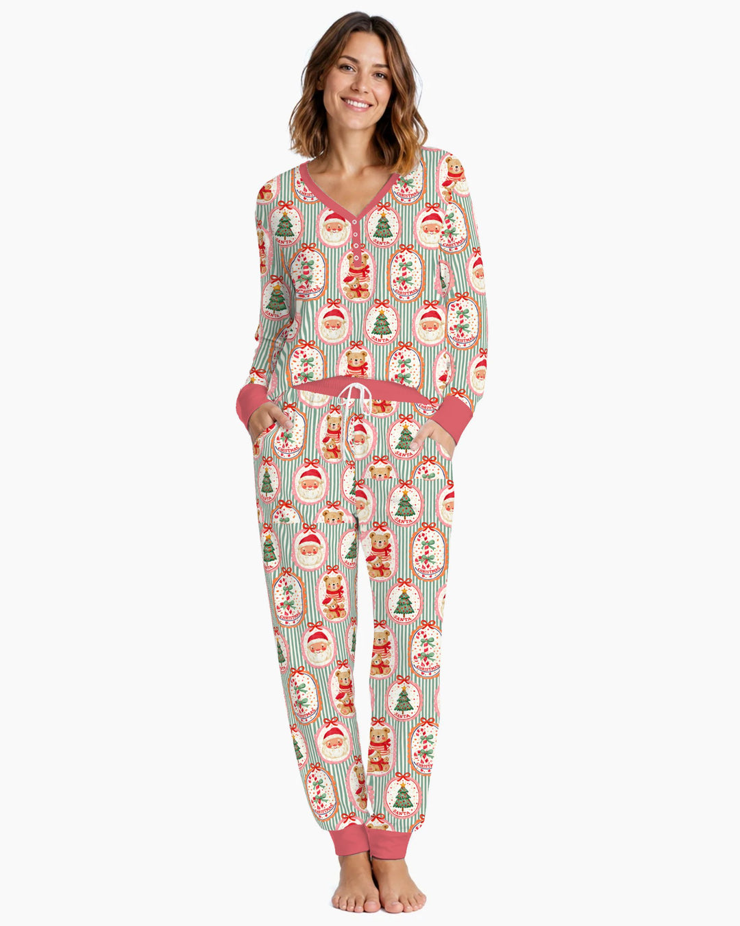 Vintage Santa Christmas Gift Tags Seamless Pattern Bamboo Women Pajama Set