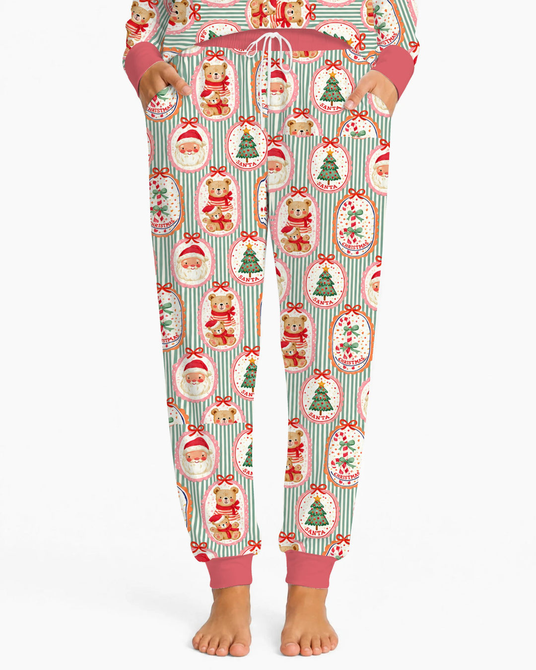 Vintage Santa Christmas Gift Tags Seamless Pattern Bamboo Women Pajama Set