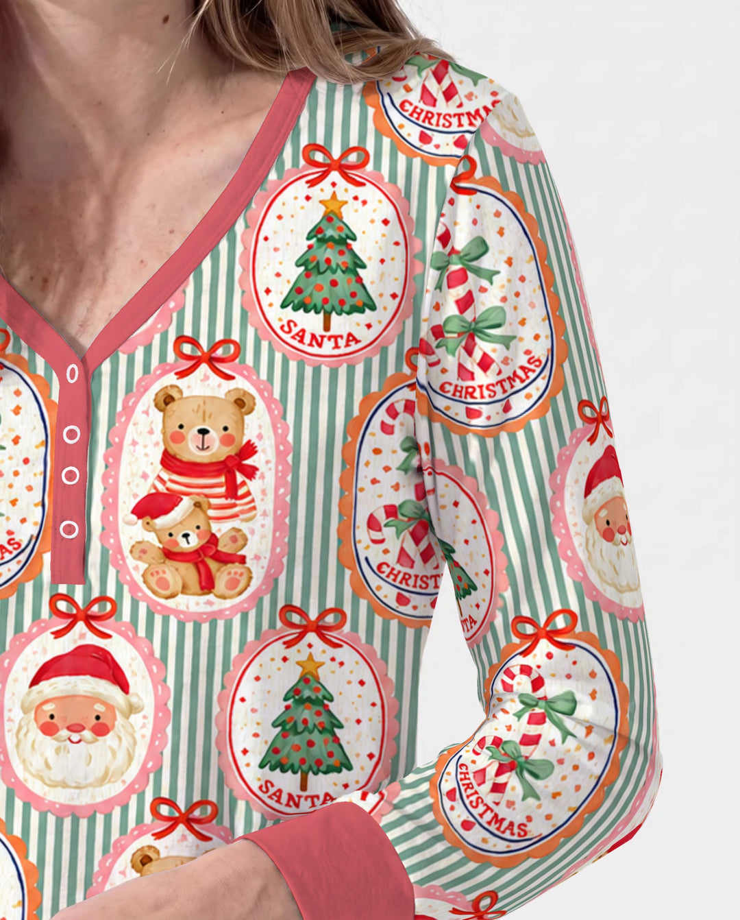 Vintage Santa Christmas Gift Tags Seamless Pattern Bamboo Women Pajama Set