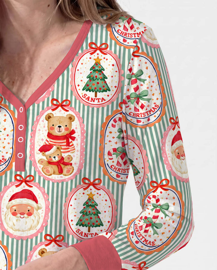 Vintage Santa Christmas Gift Tags Seamless Pattern Bamboo Women Pajama Set