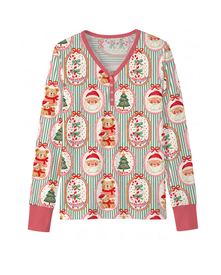 Vintage Santa Christmas Gift Tags Seamless Pattern Bamboo Women Pajama Set