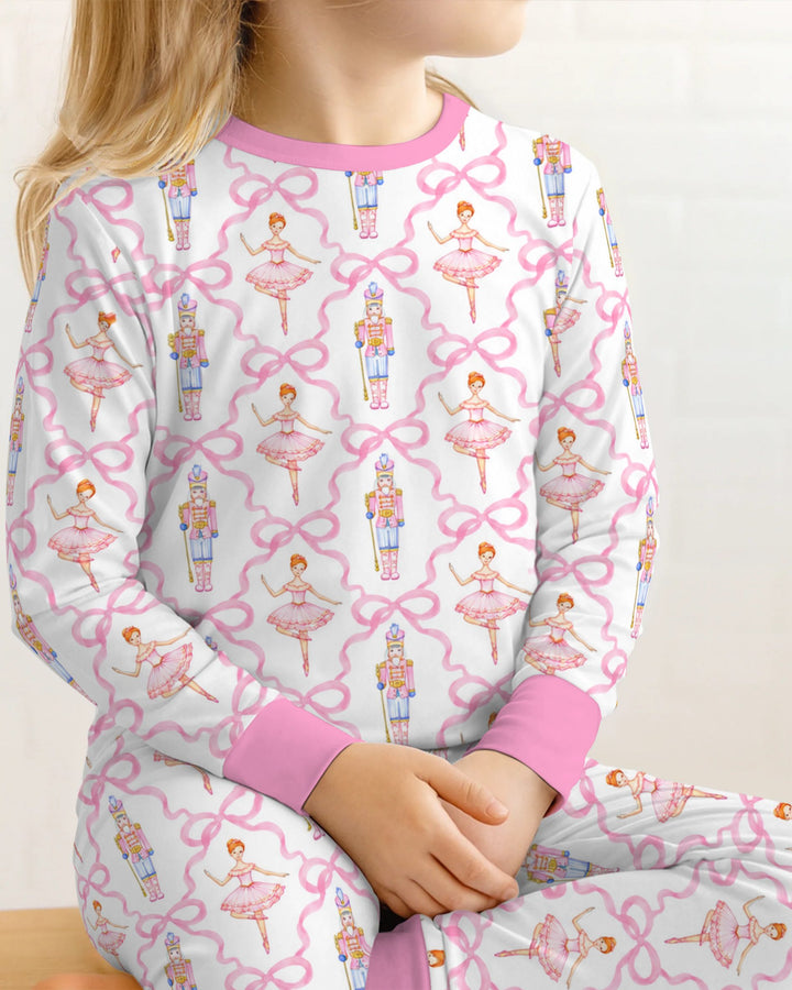 Pink Nutcracker Ballerina Bow Seamless Pattern Bamboo Two Piece Long Sleeve Pajama Set