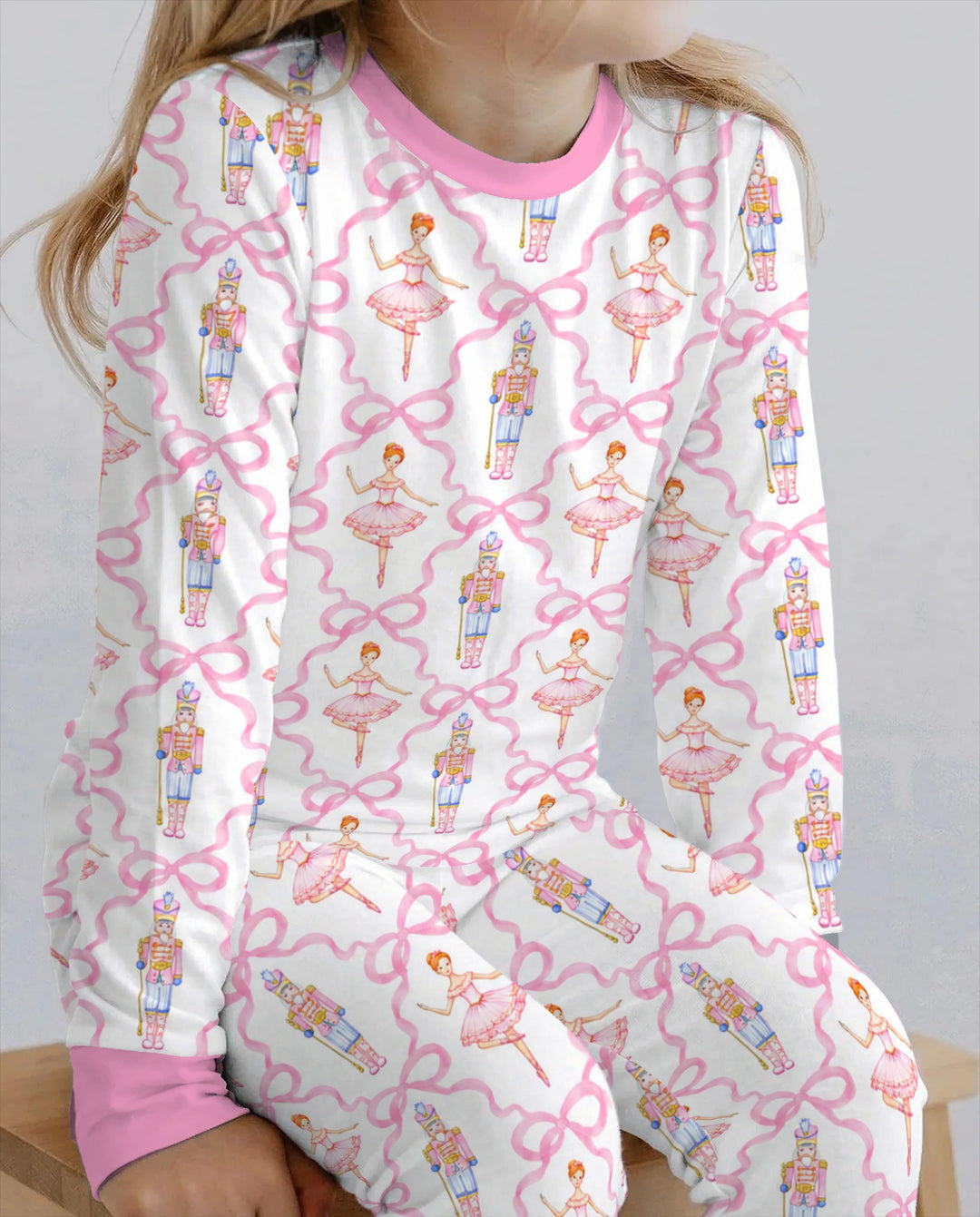 Pink Nutcracker Ballerina Bow Seamless Pattern Bamboo Two Piece Long Sleeve Pajama Set