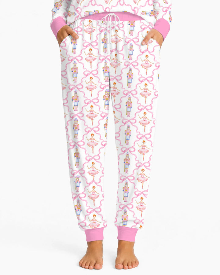 Pink Nutcracker Ballerina Bow Seamless Pattern Bamboo Women Pajama Set