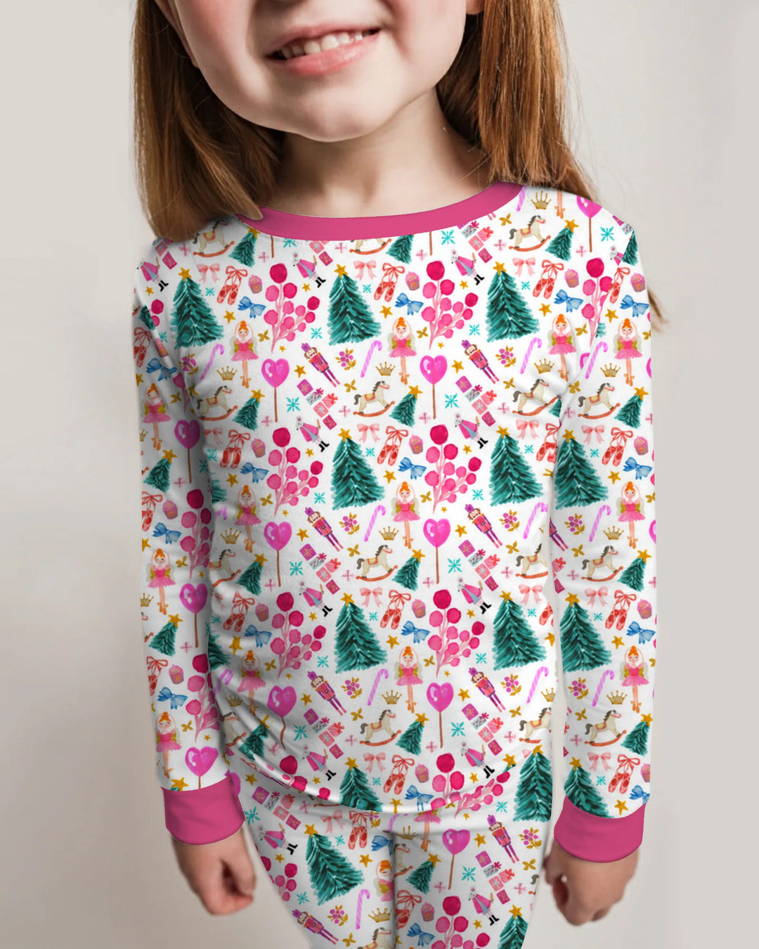 Whimsical Pink Nutcracker Christmas Doodle Seamless Pattern Bamboo Two Piece Long Sleeve Pajama Set