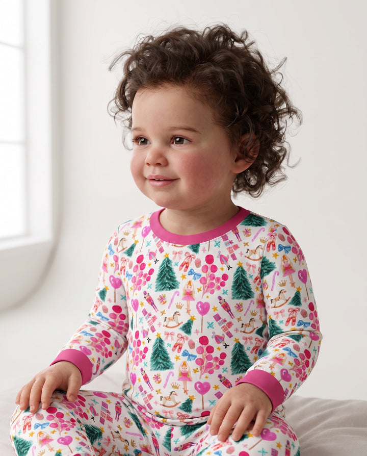 Whimsical Pink Nutcracker Christmas Doodle Seamless Pattern Bamboo Two Piece Long Sleeve Pajama Set