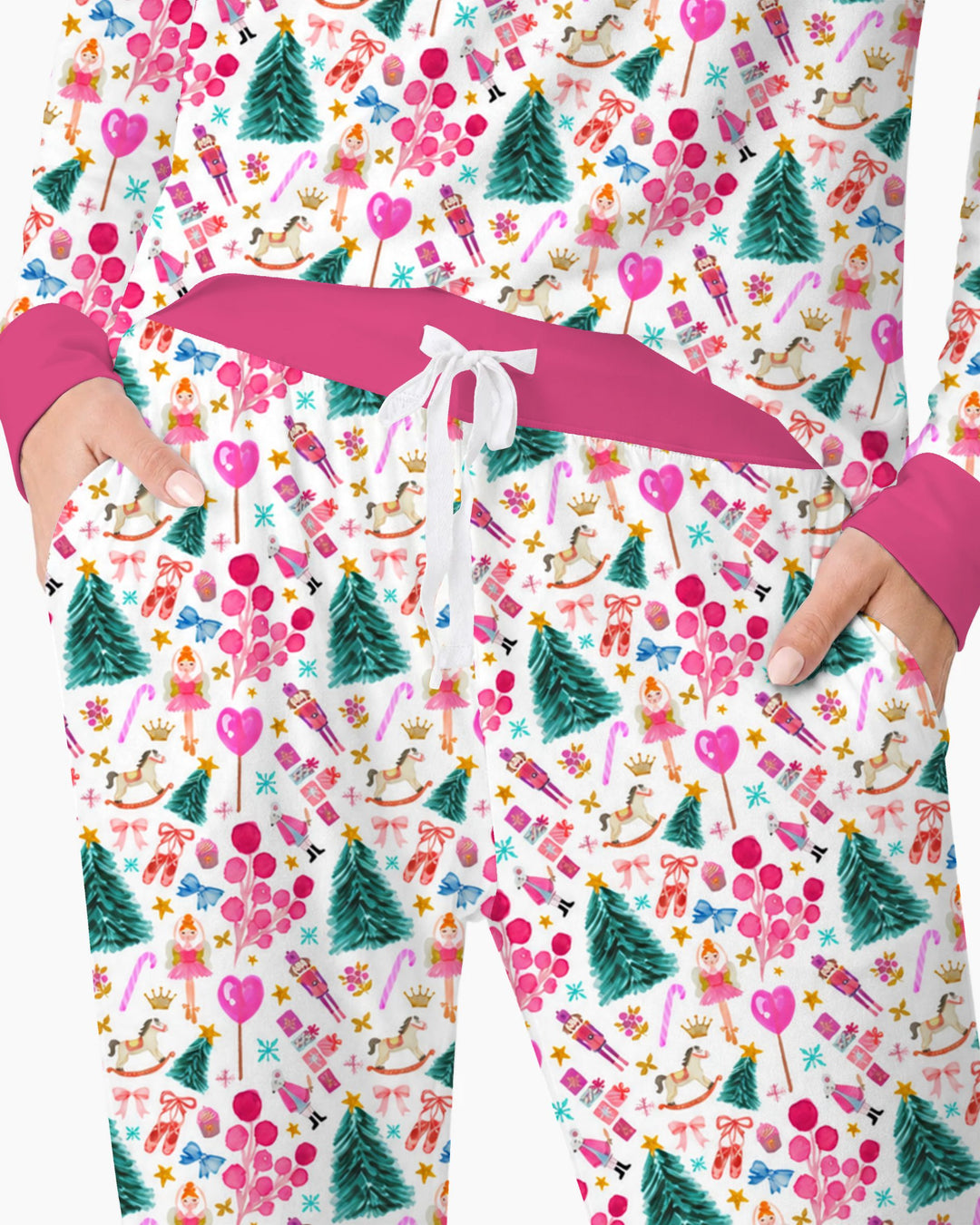 Whimsical Pink Nutcracker Christmas Doodle Seamless Pattern Bamboo Women Pajama Set