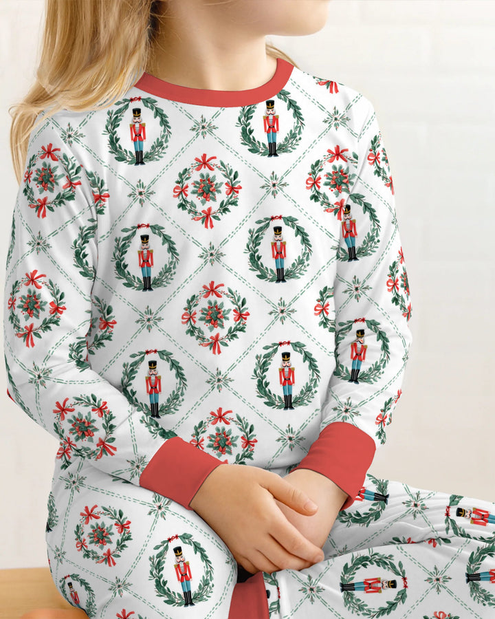 Classic Nutcracker Christmas Wreath Seamless Pattern Bamboo Two Piece Long Sleeve Pajama Set