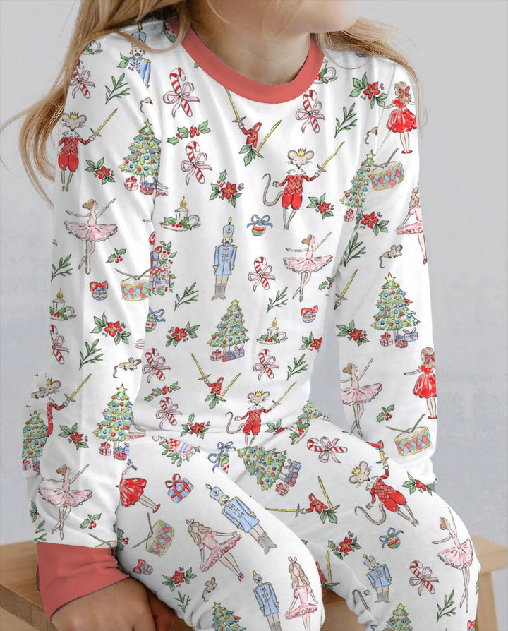 Nutcracker Ballet Christmas Storybook Seamless Pattern Bamboo Two Piece Long Sleeve Pajama Set
