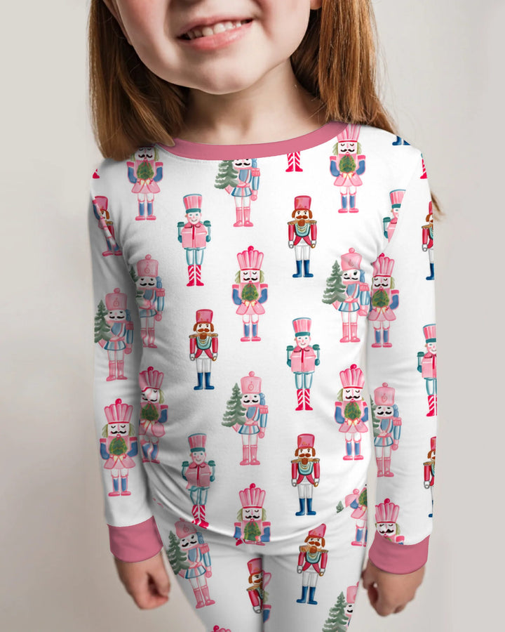 Pastel Pink Nutcracker Soldiers Seamless Pattern Bamboo Two Piece Long Sleeve Pajama Set