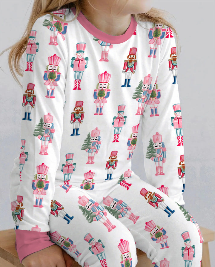 Pastel Pink Nutcracker Soldiers Seamless Pattern Bamboo Two Piece Long Sleeve Pajama Set
