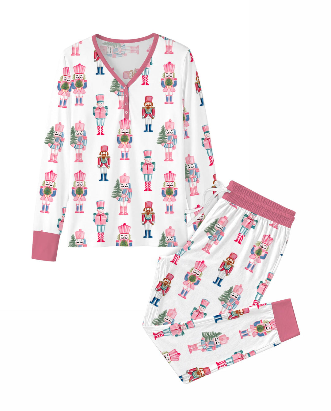 Pastel Pink Nutcracker Soldiers Seamless Pattern Bamboo Women Pajama Set