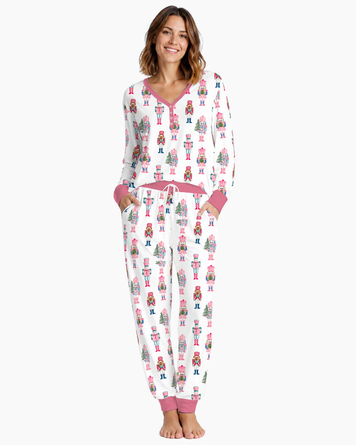 Pastel Pink Nutcracker Soldiers Seamless Pattern Bamboo Women Pajama Set
