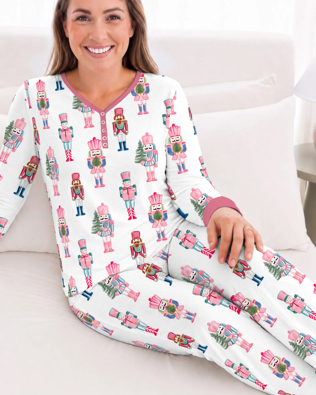 Pastel Pink Nutcracker Soldiers Seamless Pattern Bamboo Women Pajama Set