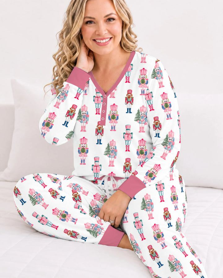 Pastel Pink Nutcracker Soldiers Seamless Pattern Bamboo Women Pajama Set