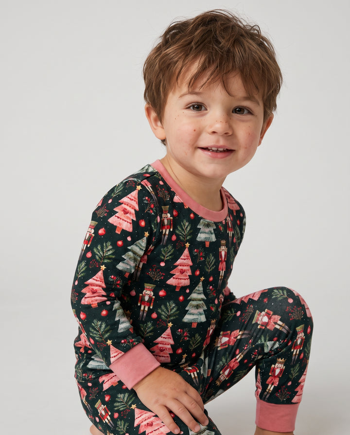 Dark Moody Nutcracker Christmas Trees Seamless Pattern Bamboo Two Piece Long Sleeve Pajama Set