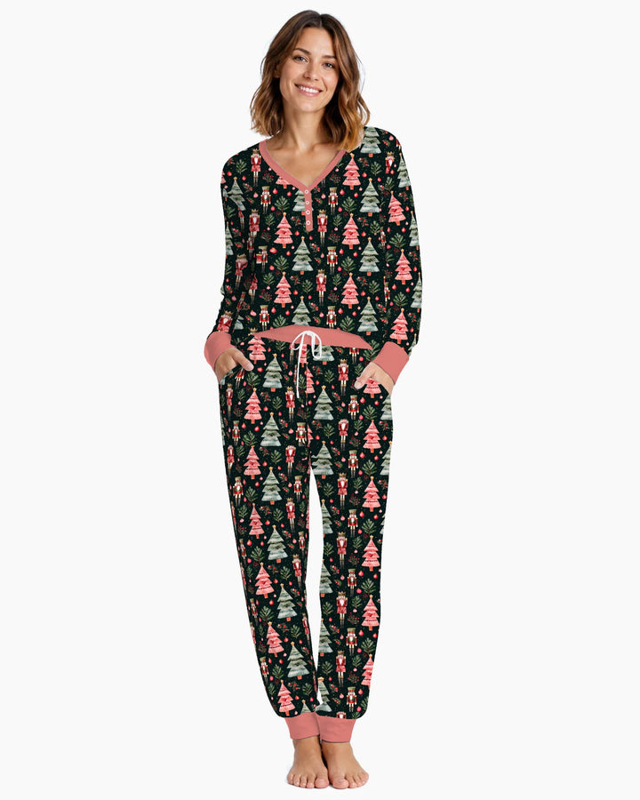 Dark Moody Nutcracker Christmas Trees Seamless Pattern Bamboo Women Pajama Set