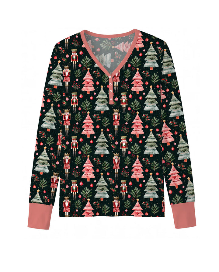Dark Moody Nutcracker Christmas Trees Seamless Pattern Bamboo Women Pajama Set