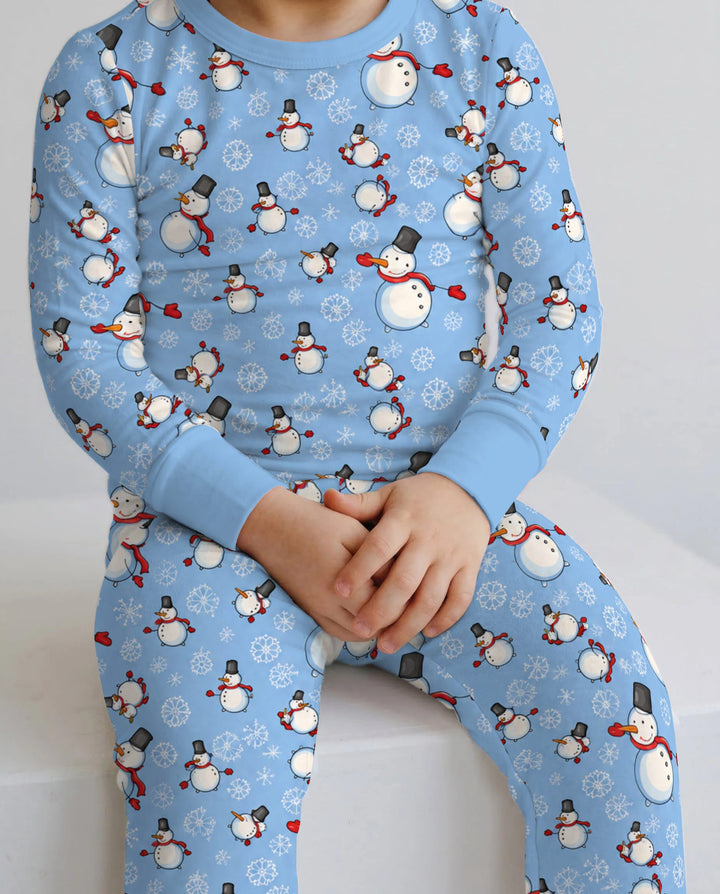 Cute Snowman Winter Snowflakes Seamless Pattern Bamboo Two Piece Long Sleeve Pajama Set