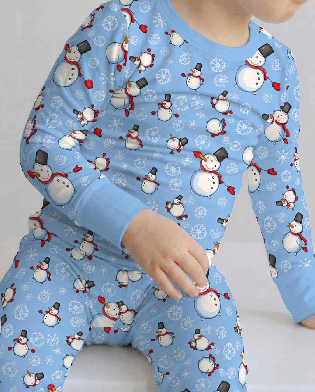 Cute Snowman Winter Snowflakes Seamless Pattern Bamboo Two Piece Long Sleeve Pajama Set